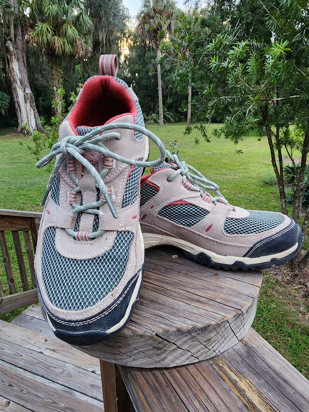 L.L. Bean Women's Trail Sneakers in Pink, Gray and Red Accents